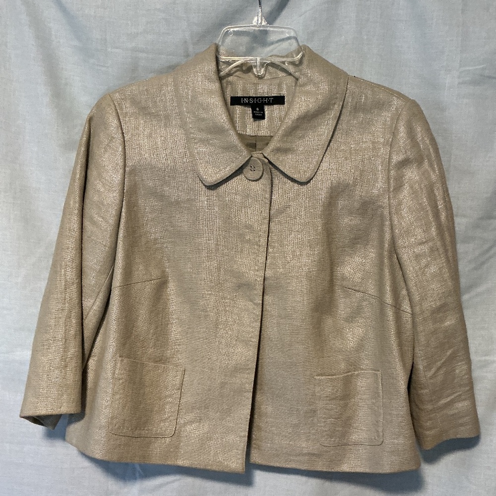 Insight New York Beige Cropped Dress Jacket 3/4 Sleeve Ramie Sz 8 (B2)